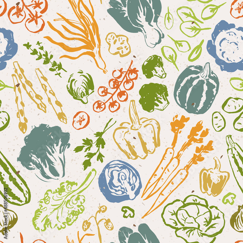 Drawing of vegetables, seamless hand drawn doodle pattern, illustration for cook book backgrounds, cards, posters, banners, textile prints, web design, recycled paper effect