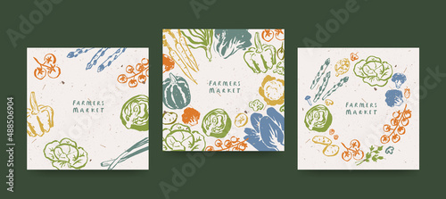 Farmers market design template, drawings of vegetables, agricultural fair invitation, recycled paper effect