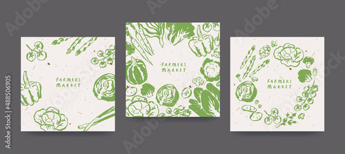 Farmers market design template, drawings of vegetables, agricultural fair invitation, recycled paper effect