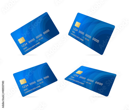 Realistic Detailed 3d Falling Blue Credit Debit Card Mockup Set. Vector