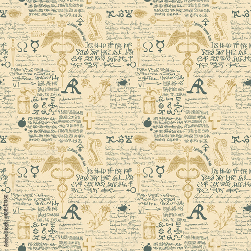 Fototapeta Naklejka Na Ścianę i Meble -  vector image of a seamless texture for printing on fabric and paper in the form of an alchemical formula with encrypted symbols in the style of medieval old graphic manuscripts text lorem ipsum