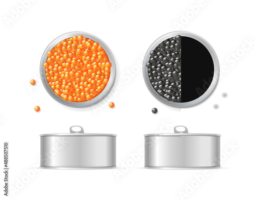 Realistic Detailed 3d Red and Black Caviar Metallic Can Set. Vector