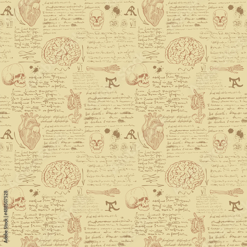 Vector image of a solid background texture for printing on fabric and paper in the style of notes from the diary of an anatomist with sketches, formulas and notes text lorem ipsum