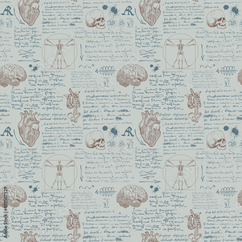 Vector image of a solid background texture for printing on fabric and paper in the style of notes from the diary of an anatomist with sketches, formulas and notes text lorem ipsum