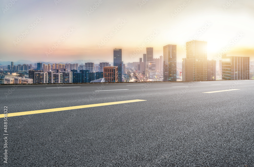 Road and Chinese modern city buildings background