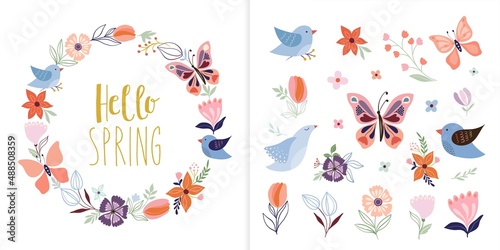 Hello spring collection with floral wreath and springtime elements, butterflies, flowers and birds, decorative design