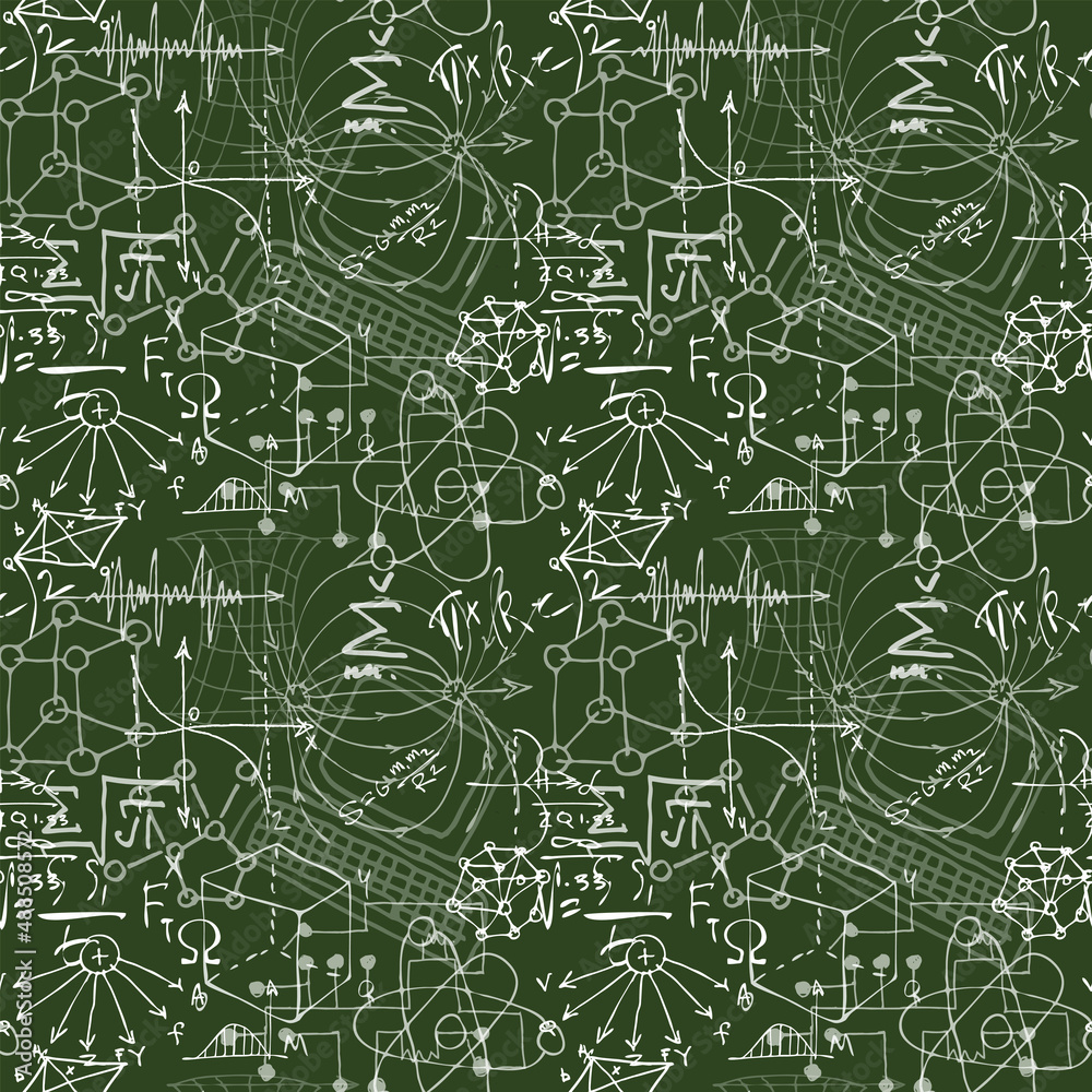 vector image of a seamless texture for printing on fabric and paper in the form of a blackboard with formulas and drawings
