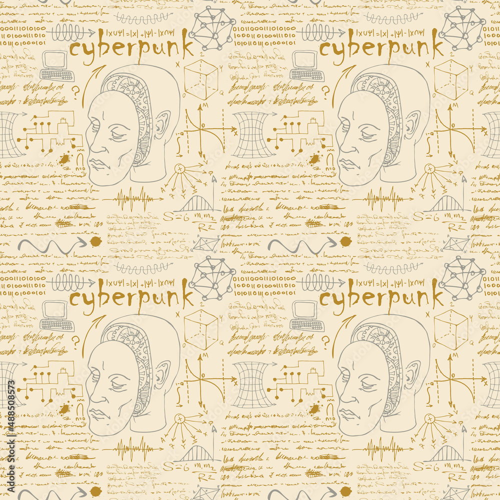 image of a seamless texture for printing on fabric and paper in the style of a sketch from the diary of a scientist-inventor with formulas and sketches of robots and mechanisms text lorem ipsum