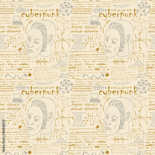 image of a seamless texture for printing on fabric and paper in the style of a sketch from the diary of a scientist-inventor with formulas and sketches of robots and mechanisms text lorem ipsum