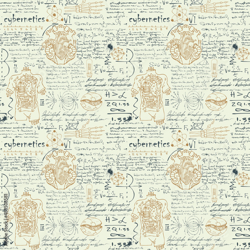 image of a seamless texture for printing on fabric and paper in the style of a sketch from the diary of a scientist-inventor with formulas and sketches of robots and mechanisms text lorem ipsum photo