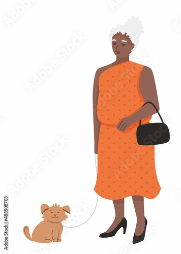 Aged old african american woman with gray hair walks with a dog. black granny Illustration on the theme of active pensioners