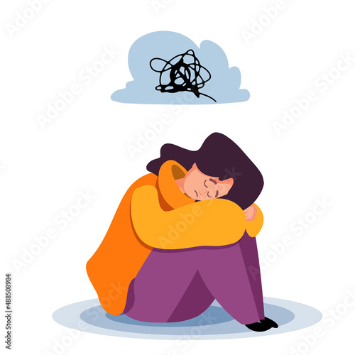 Mental health problem vector concept. Depressed girl sitting on the floor holding her knees in sad mood. Mental health issues, burnout, depression flat illustration. 