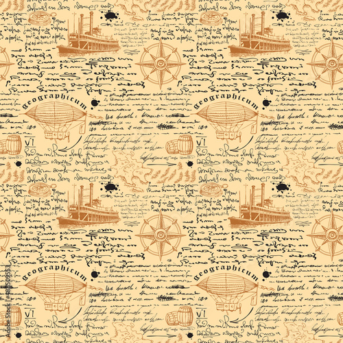 Vector image of a seamless texture for printing on fabric and paper in the style of a medieval marine record of the diary of a captain, traveler, sketch text lorem ipsum
