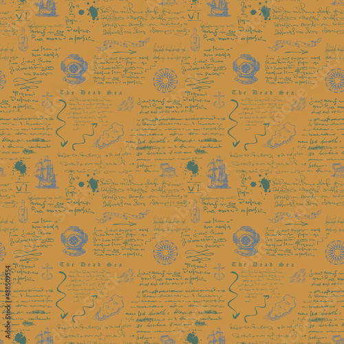 Vector image of a seamless texture for printing on fabric and paper in the style of a medieval marine record, sketch, engraving of the captain's diary font lorem ipsum