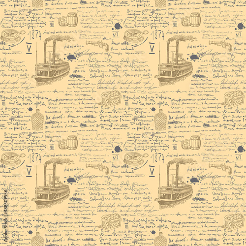 Vector image of a seamless texture for printing on fabric and paper in the style of a medieval marine record of the diary of a captain, traveler, sketch text lorem ipsum