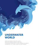 Underwater world paper, beautiful vector background with dolphin, fish and corals 