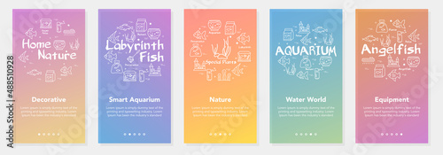 Aqua world vertical banners collection. Fish and marine linear illustration. UI banner design set for fish life and nature. Colorful gradient flyer design vector
