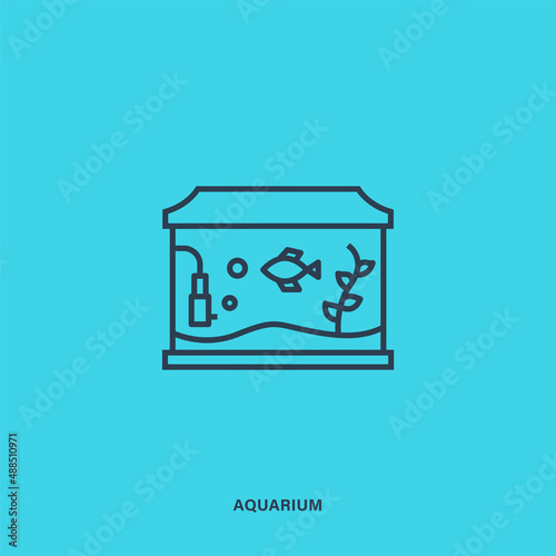 Linear black fishbowl icon isolated on blue background. Aquarium with fish and algae flat vector. Aquarium icon with black ouline