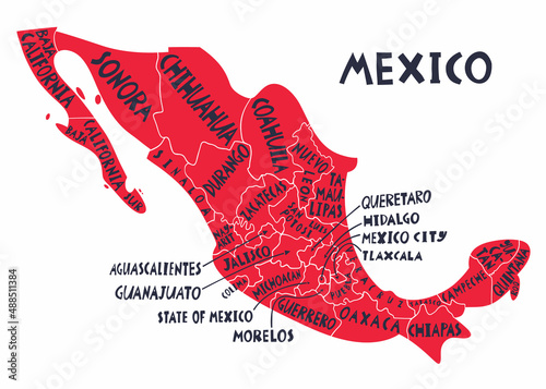Vector hand drawn stylized map of Mexico states. Travel illustration. The United Mexican States geography illustration. Latin America map element photo