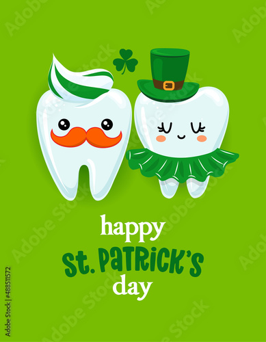 Happy saint Patrick’s Day - Tooth couple character design in kawaii style. Hand drawn Toothfairy with funny quote. Good for school prevention posters, greeting cards, banners, textiles.
