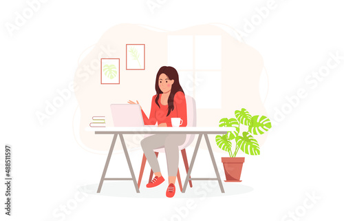 A young woman sits at her desk at her laptop. The concept of distance learning, freelance or webinar. Vector illustration