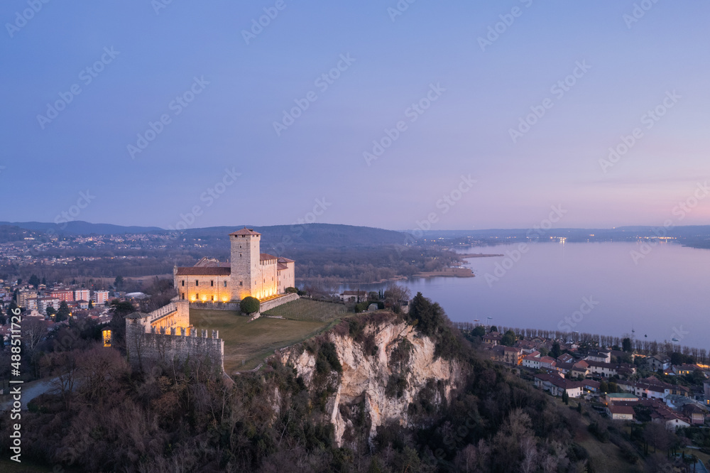 Aerial view over Rocca Borromea looking at south towards Ticino during the blue hour.