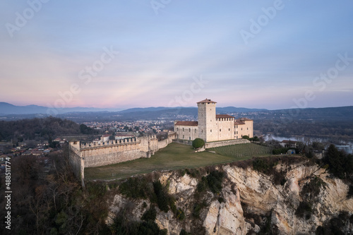 Borromean Castle of Angera aerial shot.