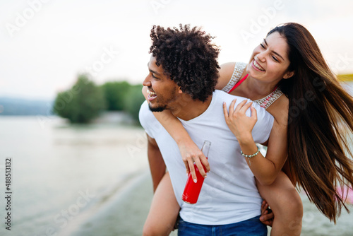 Portrait of happy couple in love having fun on vacation party. Travel people happiness concept