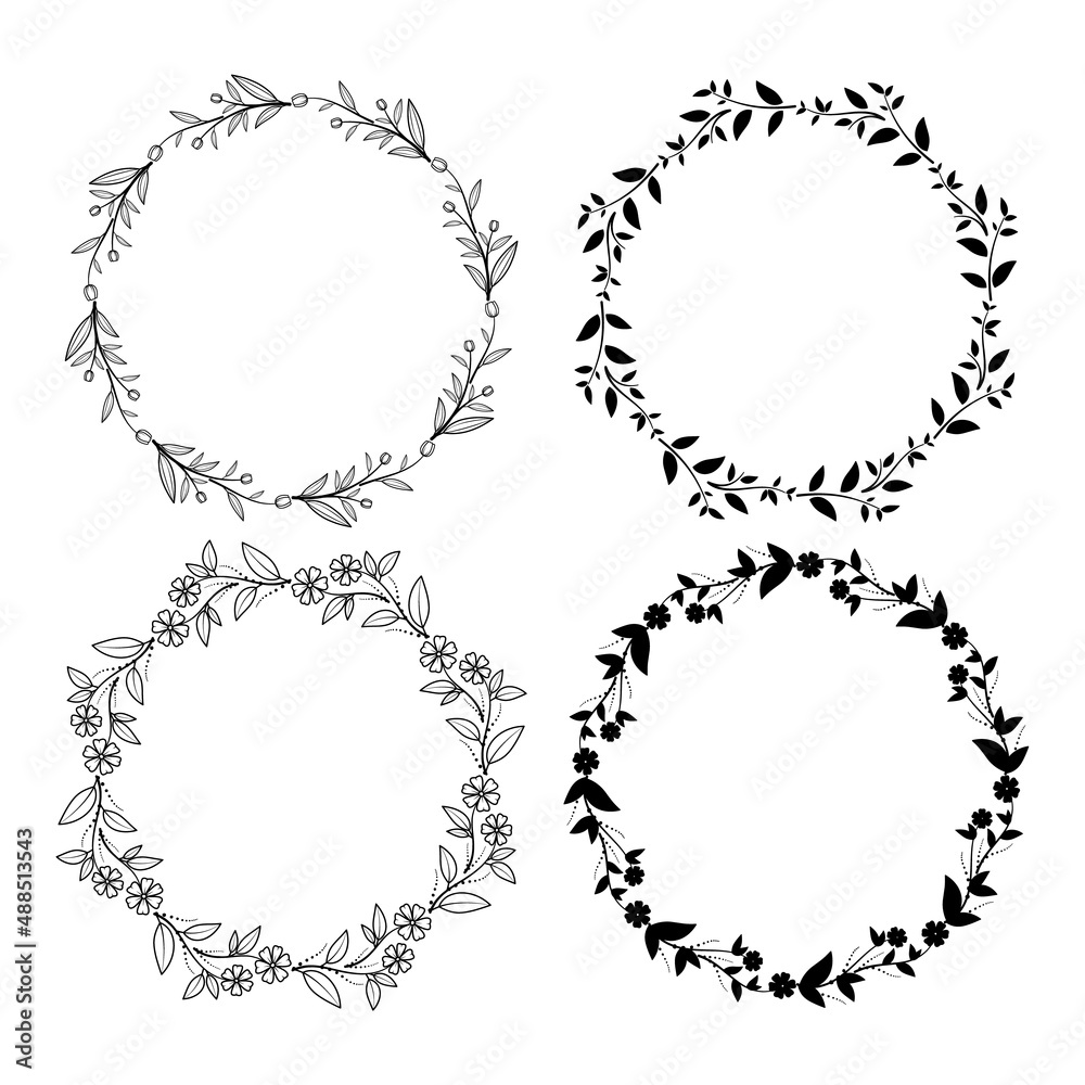 Set of hand drawn doodle round floral wreaths frames. Flower line and leaf circle frames design elements for wedding, mothers day, birthday, invitations.