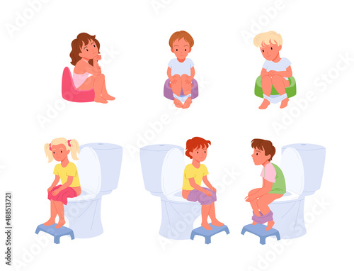 Baby girl and boy sitting on toilet bowl or chamber pot set vector illustration. Cartoon funny kids pee or defecate in restroom, lavatory isolated on white. Potty training, toddler hygiene concept