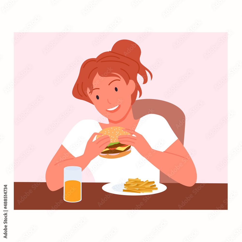 Woman eating burger and french fries at table vector illustration. Cartoon funny girl smiling, hungry student holding at mouth tasty delicious fastfood snack to eat food on dinner or lunch background Woman eating burger and french fries at table vector illustration. Cartoon funny girl smiling, hungry student holding at mouth tasty delicious fastfood snack to eat food on dinner or lunch background