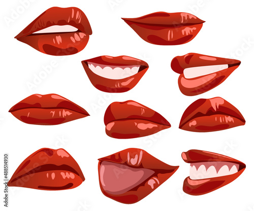 Sexy female lips with red lipstick. Vector fashion illustration Woman beautiful mouth. Collection expressing different emotions.