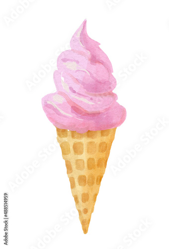 Watercolor illustration with pink ice cream in the waffle cone. Hand-drawn illustration isolated on the white background