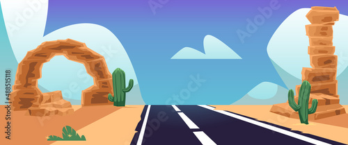 Highway road in empty sandy desert landscape, flat vector illustration.
