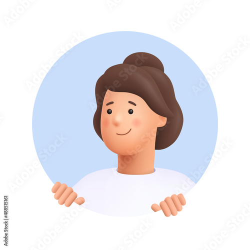 Young smiling woman Jane peeking out and looking from behind round hole. Searching concept. 3d vector people character illustration.Cartoon minimal style.