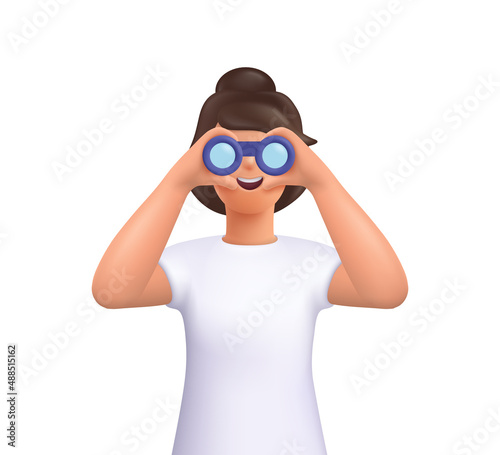 Young smiling woman Jane looking through binoculars. Searching for a job, opportunities, new business ideas. Research, web surfing.3d vector people character illustration. Cartoon minimal style.