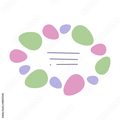 Easter round frame with colorful eggs on a white isolated background.