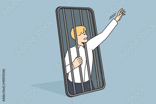 Phone and technologies addiction concept. Young stressed businessman trying to get freedom from smartphone cell feeling slave vector illustration 