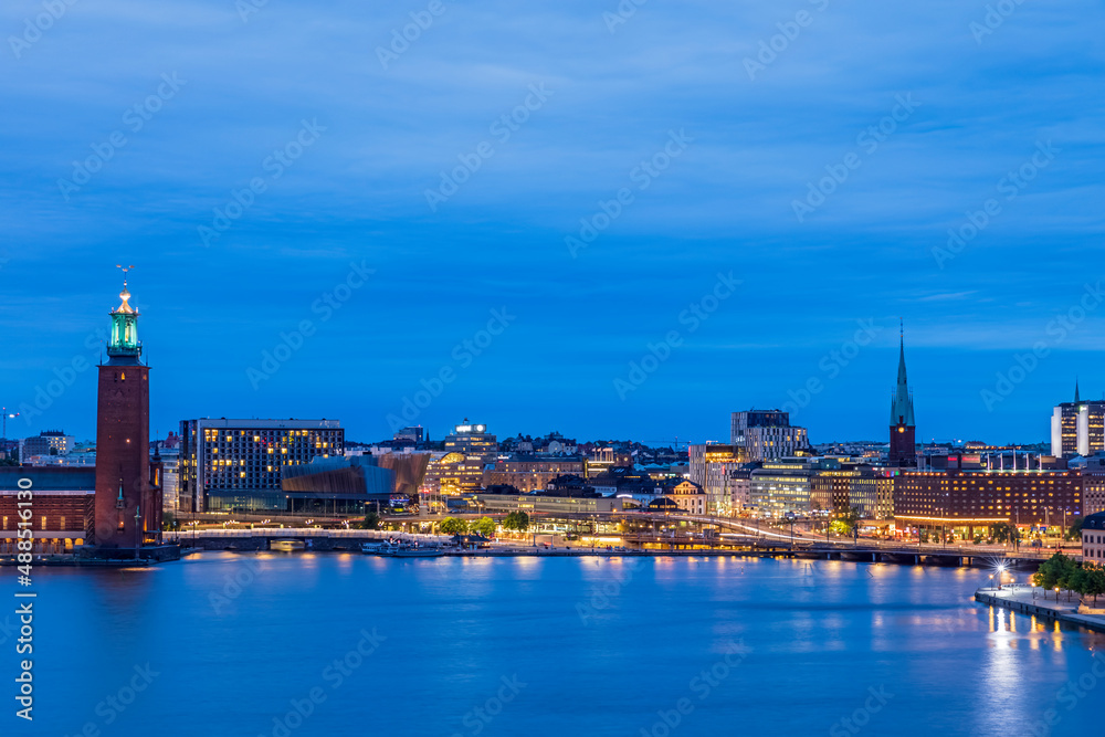 Sweden, Stockholm County, Stockholm, Skyline of Riddarholmen at blue dusk Sweden, Stockholm County, Stockholm, Skyline of Riddarholmen at blue dusk