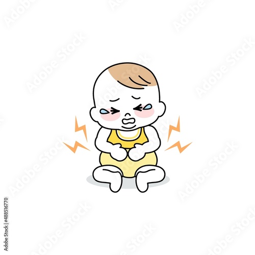 イラスト素材:誤飲や腹痛で痛がってお腹を押さえて赤い顔をして泣く赤ちゃん/主線あり
