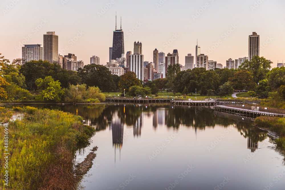 Reflection of cityscape on lake water Chicago, USA Reflection of cityscape on lake water Chicago, USA