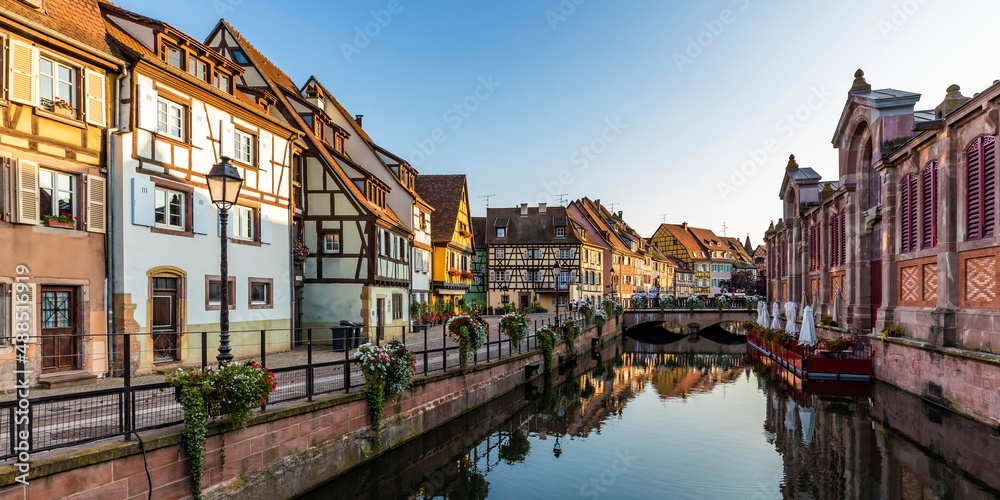 France, Alsace, Colmar, Lauch river canal in Little Venice at dusk France, Alsace, Colmar, Lauch river canal in Little Venice at dusk