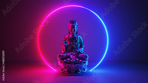 Photographie 3d rendered illustration of a neon style buddha statue