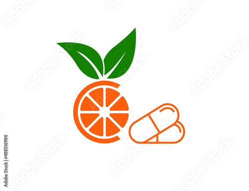 orange fruit with leaves and vitamin c capsules icon, logo vector illustration 