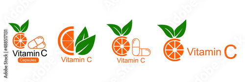 vitamin c capsules, orange fruit icon set vector illustration 