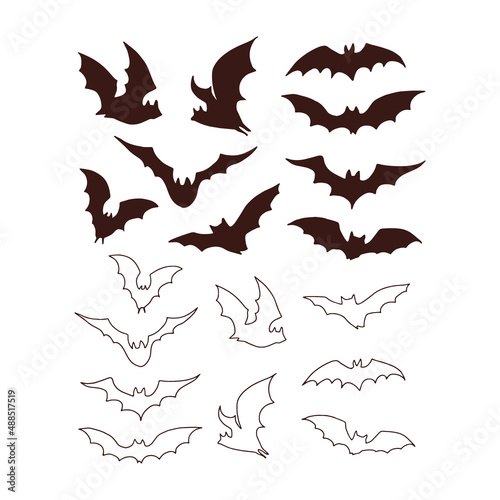 Nocturnal bat silhouette in various poses fly illustration set isolated on white. Line art style flittermouse figures print collection for Halloween or tee shirt design.