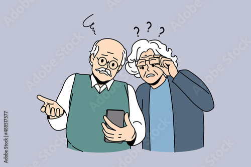 Mature people and technologies concept. Frustrated elderly couple looking at smartphone using internet having problems with gadget vector illustration 