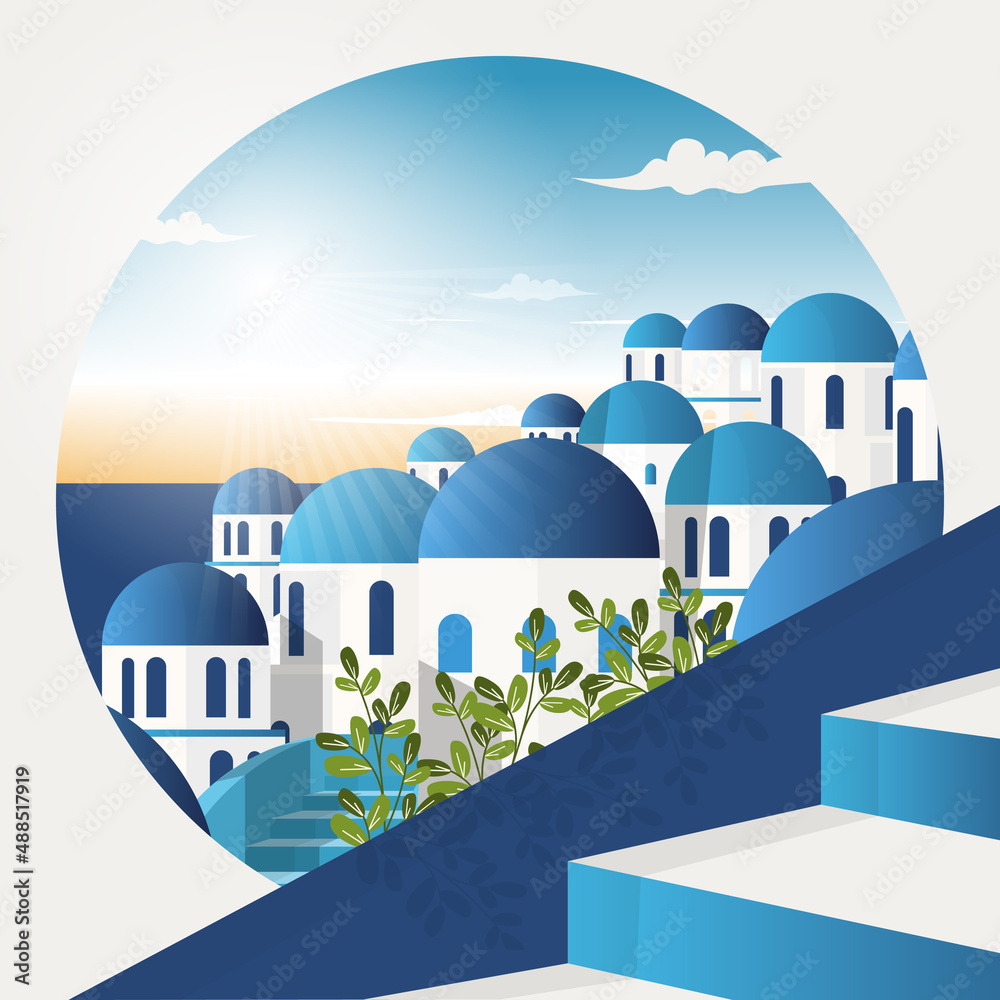 Obraz premium Santorini Greece Aegean Sea View Vacation Travel Tour Circle Emblem