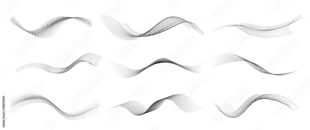 Abstract dotted halftone waves collection. Black and grey digital wavy dot, twisted wave line and halftone gradient pattern. Elements on white background for business, education and technology. - obrazy, fototapety, plakaty 