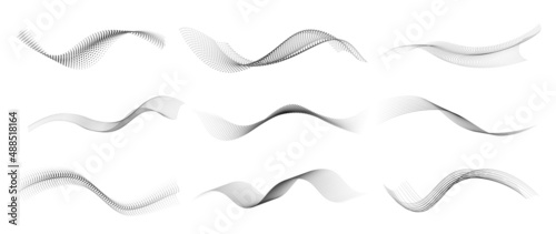 Abstract dotted halftone waves collection. Black and grey digital wavy dot, twisted wave line and halftone gradient pattern. Elements on white background for business, education and technology. photo